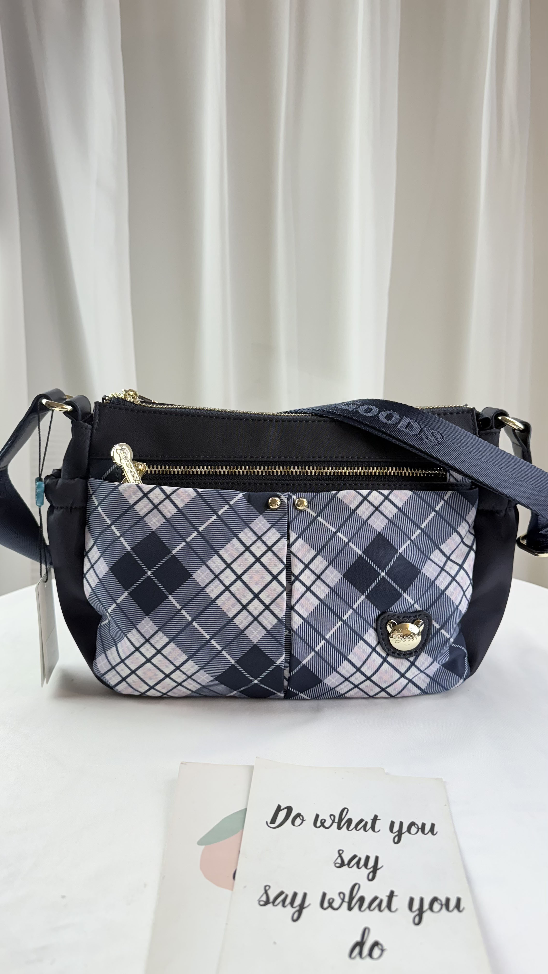 GOODS 英倫格紋藍拼色防潑水側背包  #2806