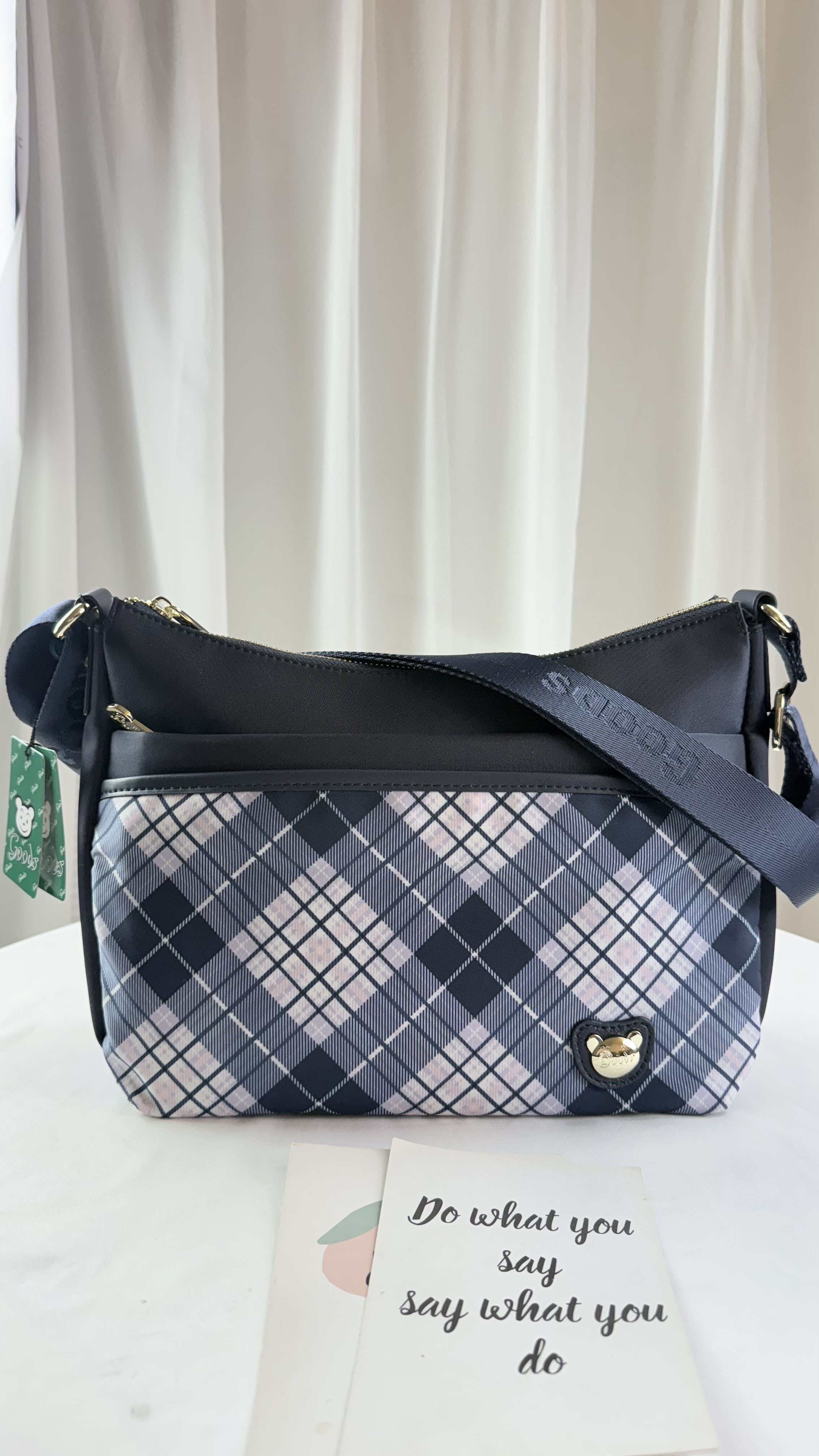 GOODS 英倫格紋藍拼色防潑水肩背包 / 側背包 #2638