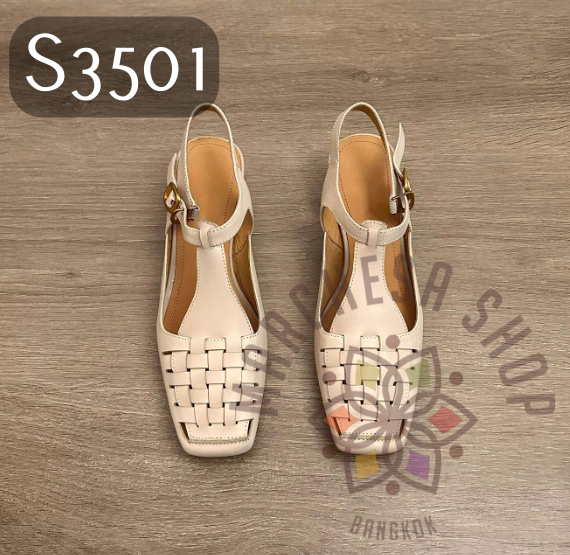 S3501 - 頭層小羊皮森系編織T帶低踭涼鞋