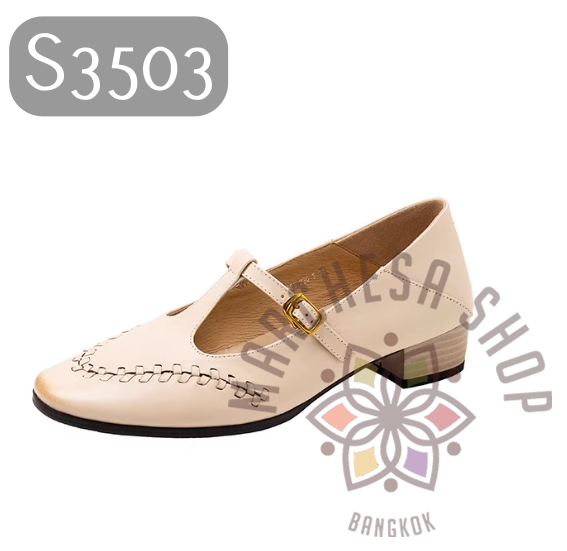 S3503 - 頭層小羊皮簡約編織T帶低踭鞋