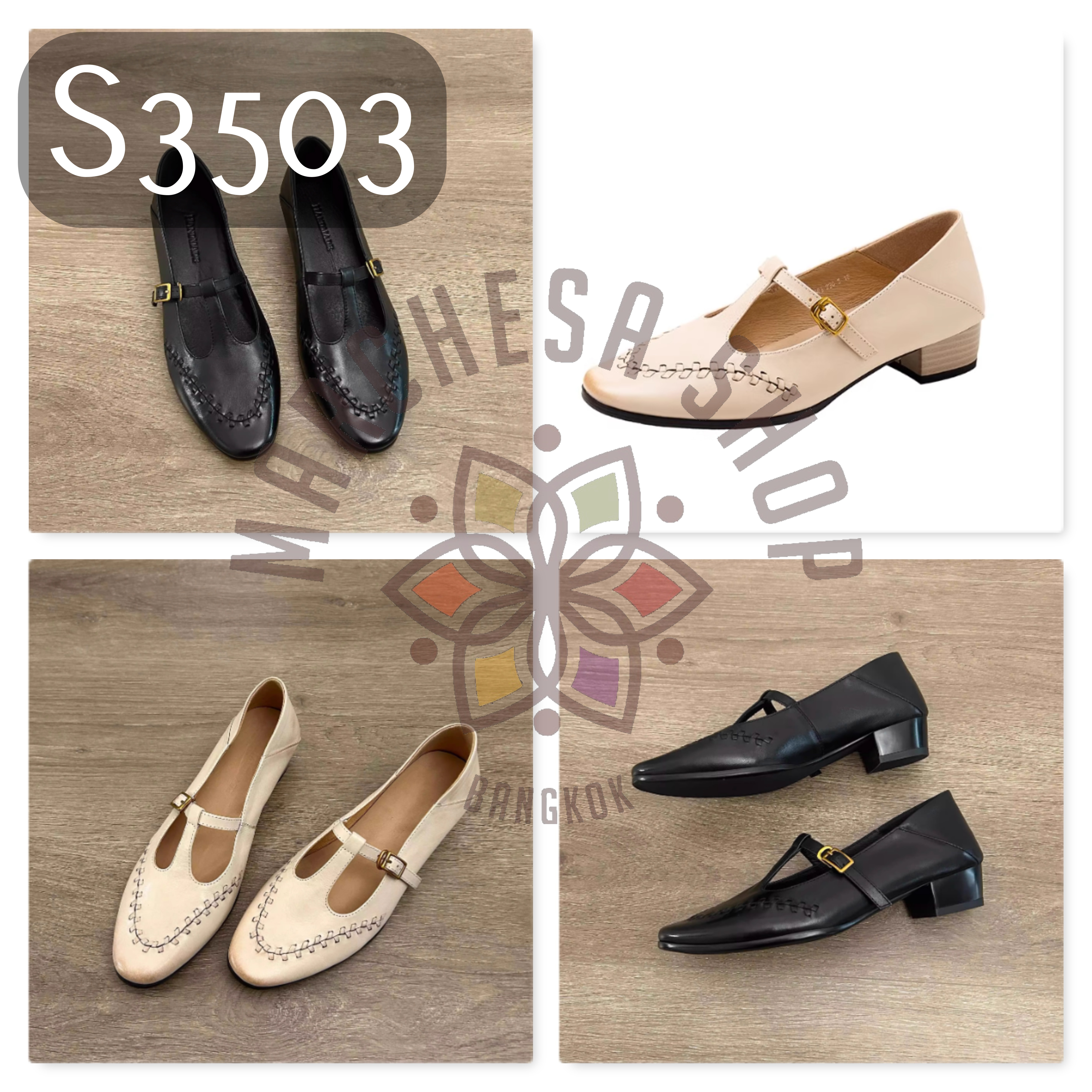 S3503 - 頭層小羊皮簡約編織T帶低踭鞋