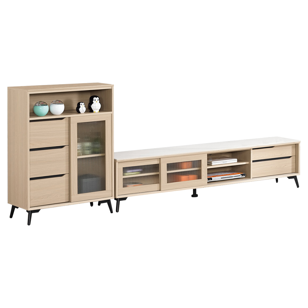 艾瑪9.4尺長虹玻璃L型電視櫃組合(2.7尺展示櫃+6.7尺岩板長櫃)