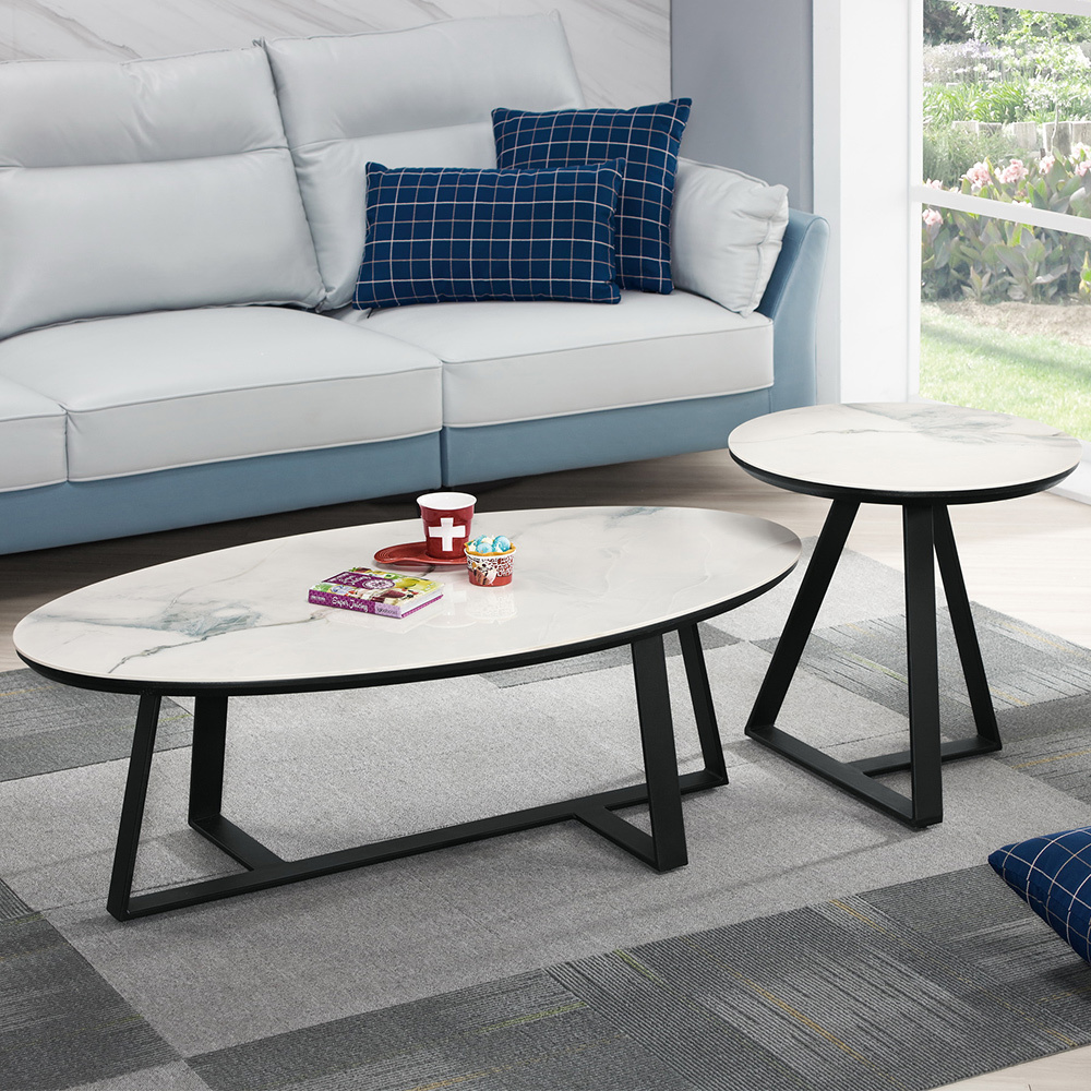 班諾工業風岩板茶几組合(4.1尺橢圓形大茶几+1.8尺圓形小茶几)