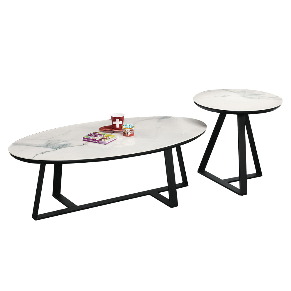 班諾工業風岩板茶几組合(4.1尺橢圓形大茶几+1.8尺圓形小茶几)