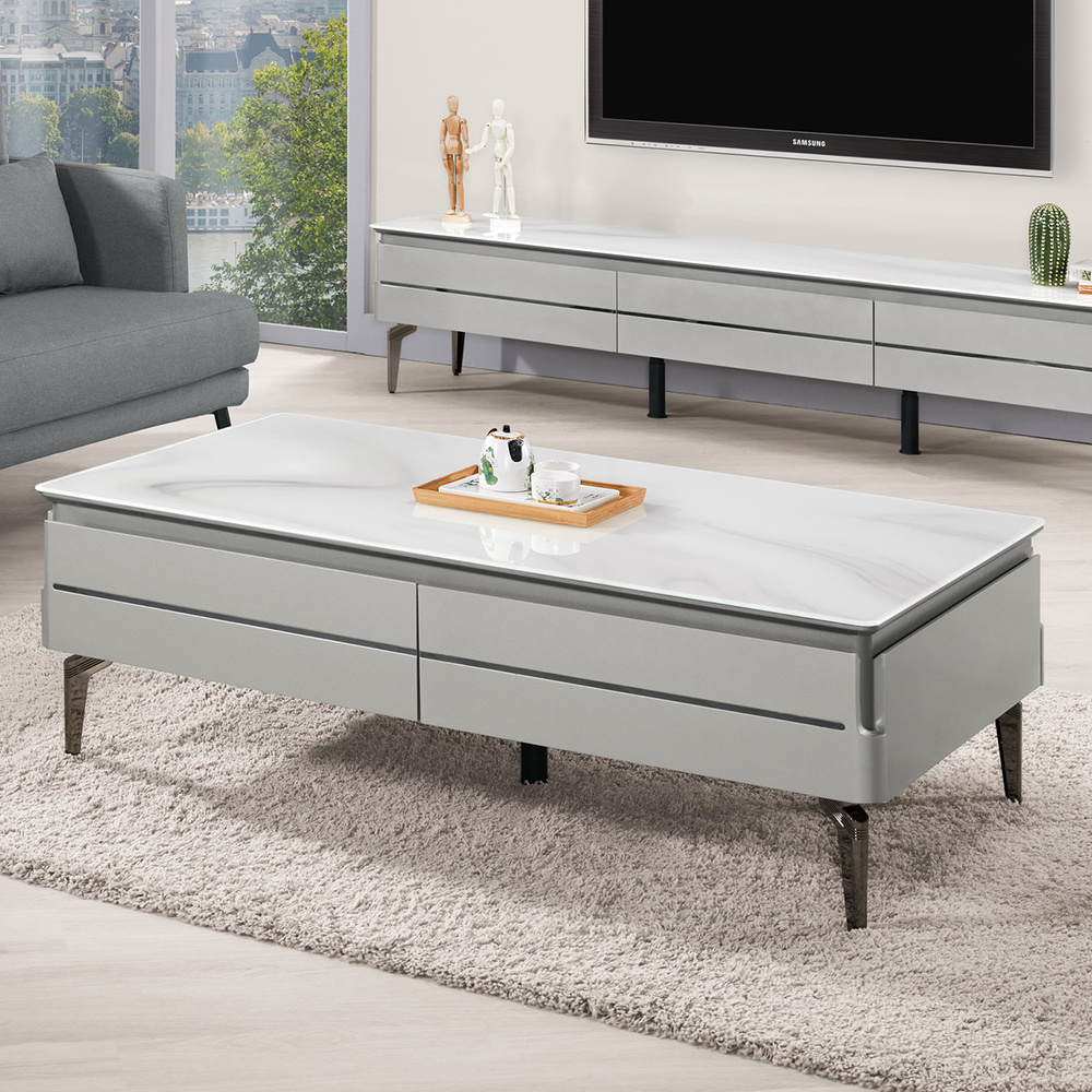 萊菲4.3尺四抽仿石面玻璃大茶几