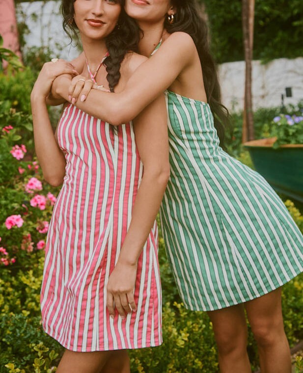 Brooklyn Girl綠白條紋削肩Mini Dress