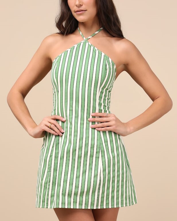 Brooklyn Girl綠白條紋削肩Mini Dress