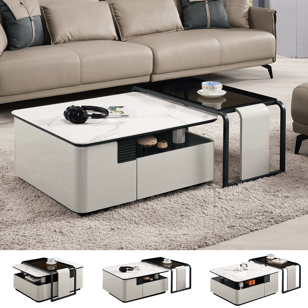 瓦蒂伸縮岩板造型大茶几組合(2.7尺岩板收納抽屜茶几+2.7尺強化玻璃茶几)