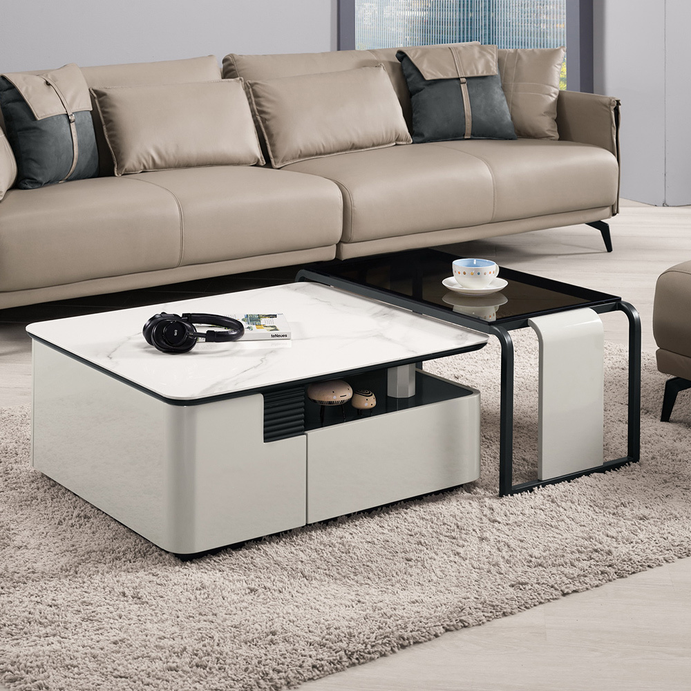 瓦蒂伸縮岩板造型大茶几組合(2.7尺岩板收納抽屜茶几+2.7尺強化玻璃茶几)