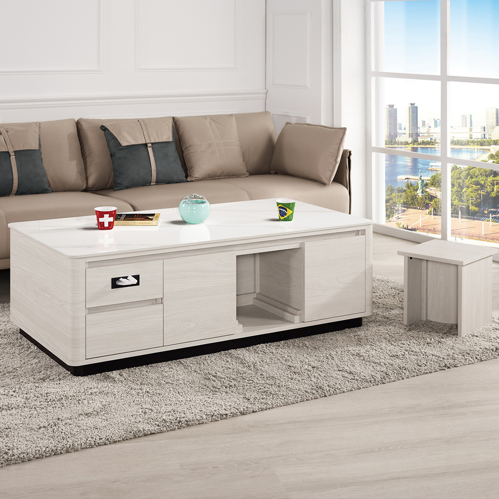 奧菲4.3尺多功能收納岩板大茶几-附小椅凳二入