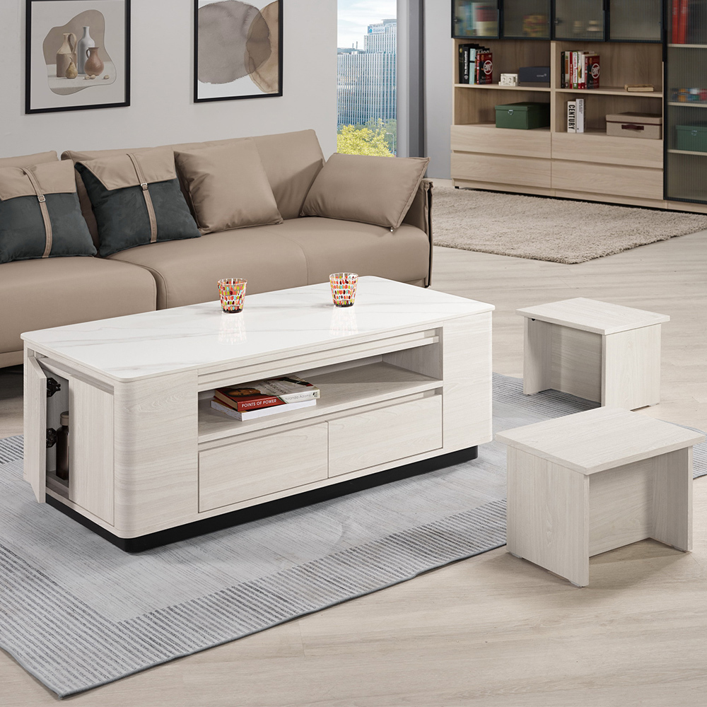 奧菲4尺多功能收納岩板大茶几-附小椅凳二入