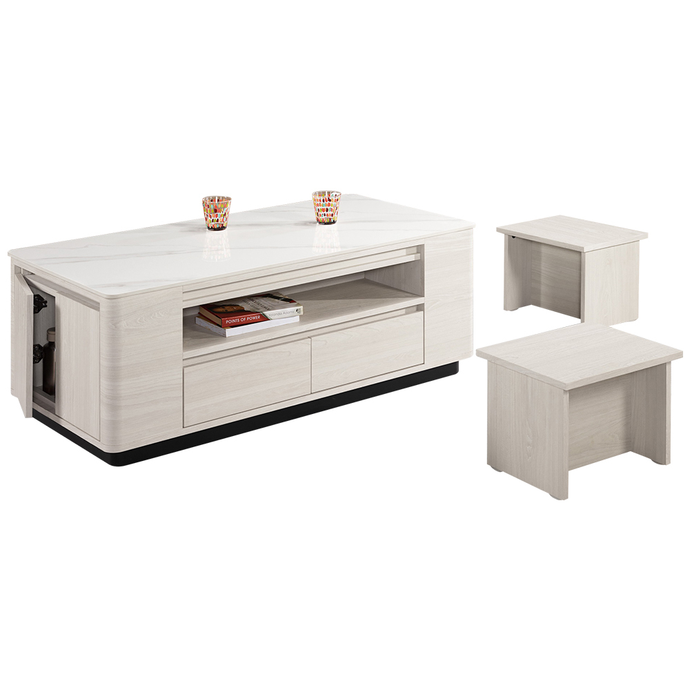 奧菲4尺多功能收納岩板大茶几-附小椅凳二入