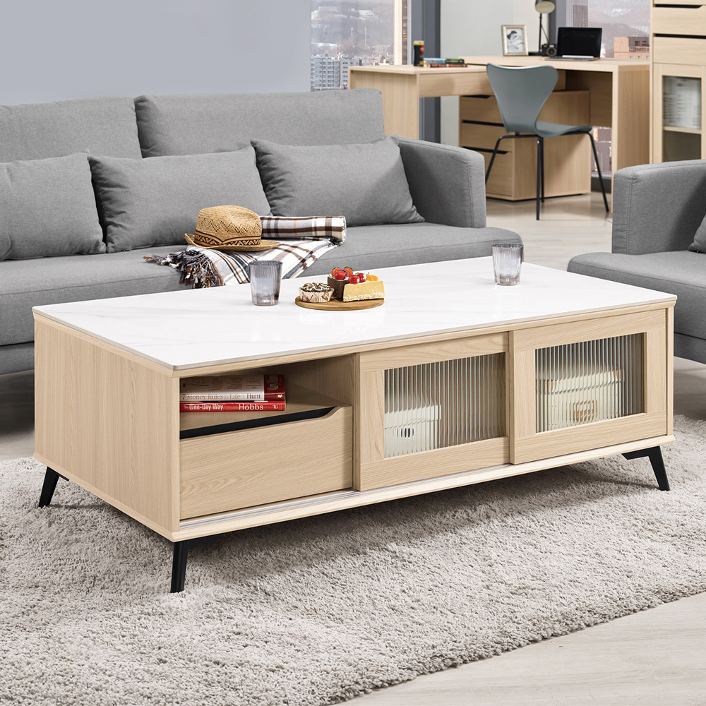 艾瑪4.3尺長虹玻璃推/拉門二抽岩板大茶几