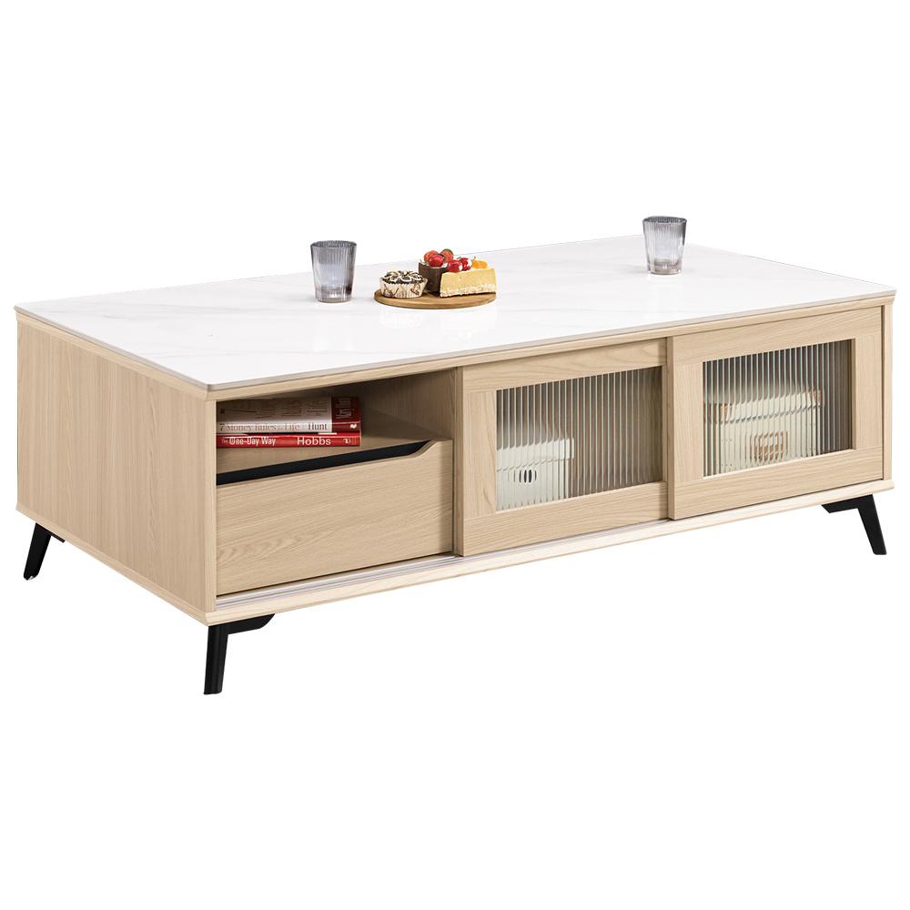 艾瑪4.3尺長虹玻璃推/拉門二抽岩板大茶几