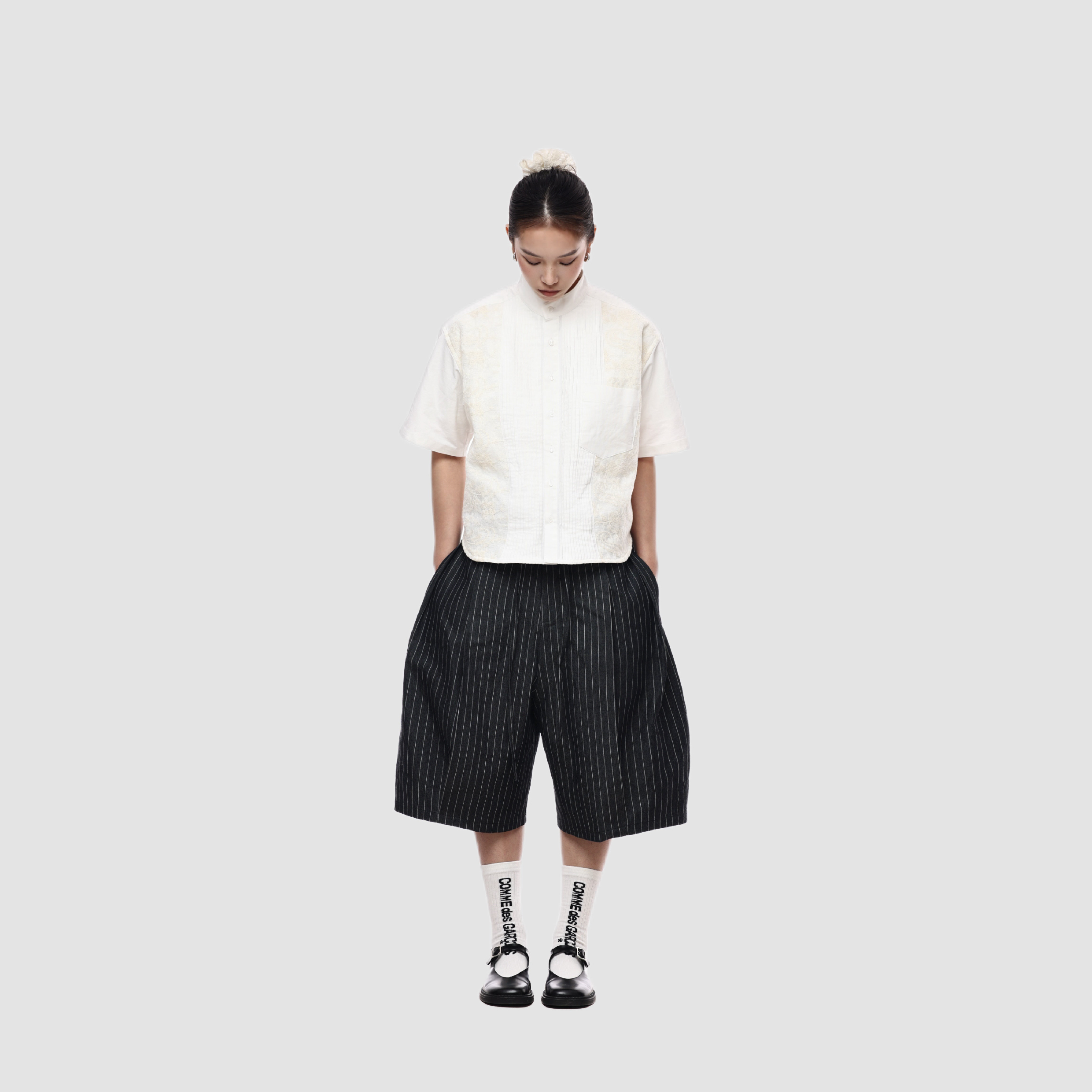 6cRAyon Wide-Leg Double Pleated Shorts 寬版雙褶條紋短褲