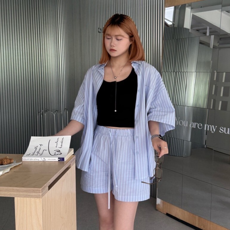 低頻信號 直條紋短袖襯套裝