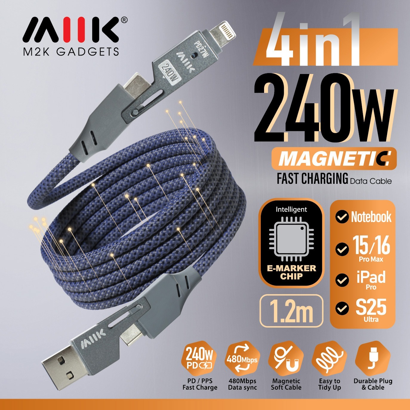 M2K【4合1】240W 磁吸線 (轉換頭) - 灰藍色