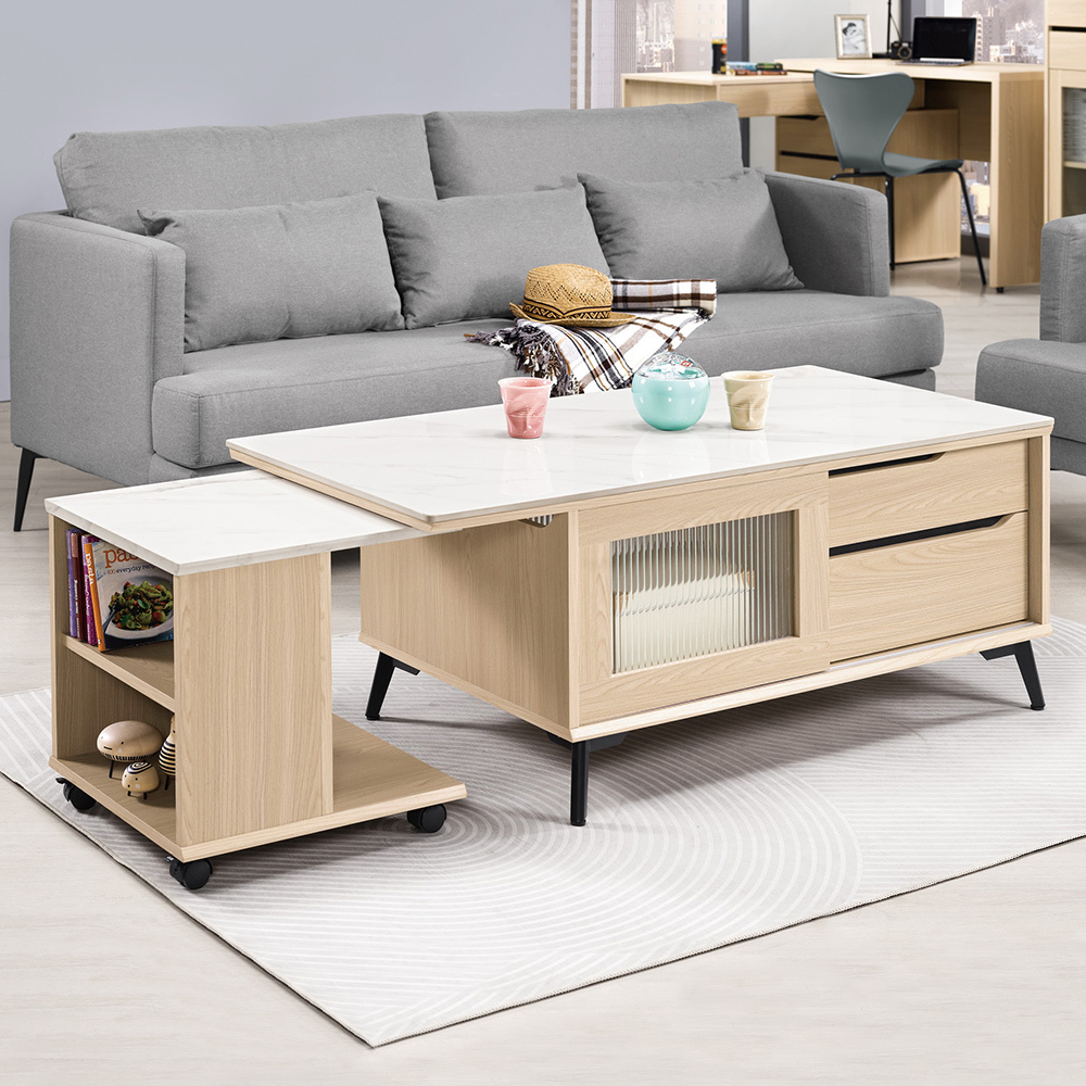 艾瑪4尺長虹玻璃多功能伸縮岩板茶几組合(岩板大茶几+仿石面附輪活動式小茶几)