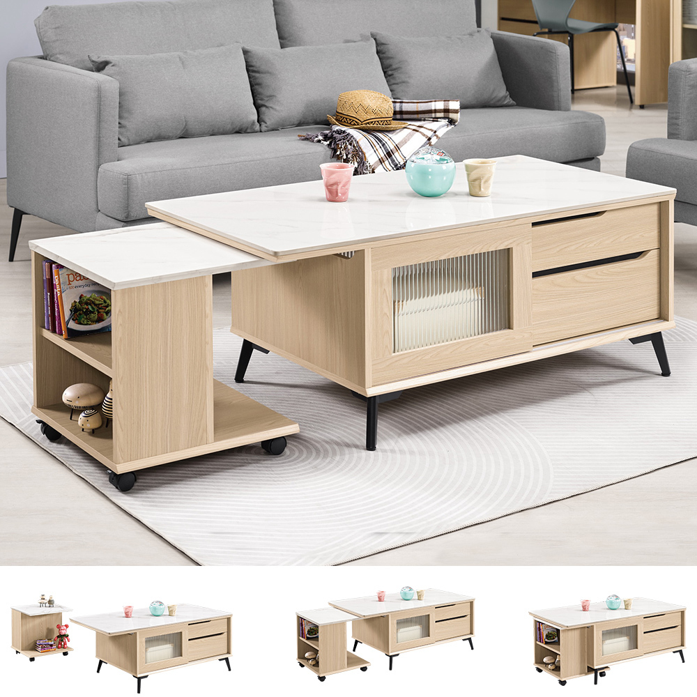 艾瑪4尺長虹玻璃多功能伸縮岩板茶几組合(岩板大茶几+仿石面附輪活動式小茶几)