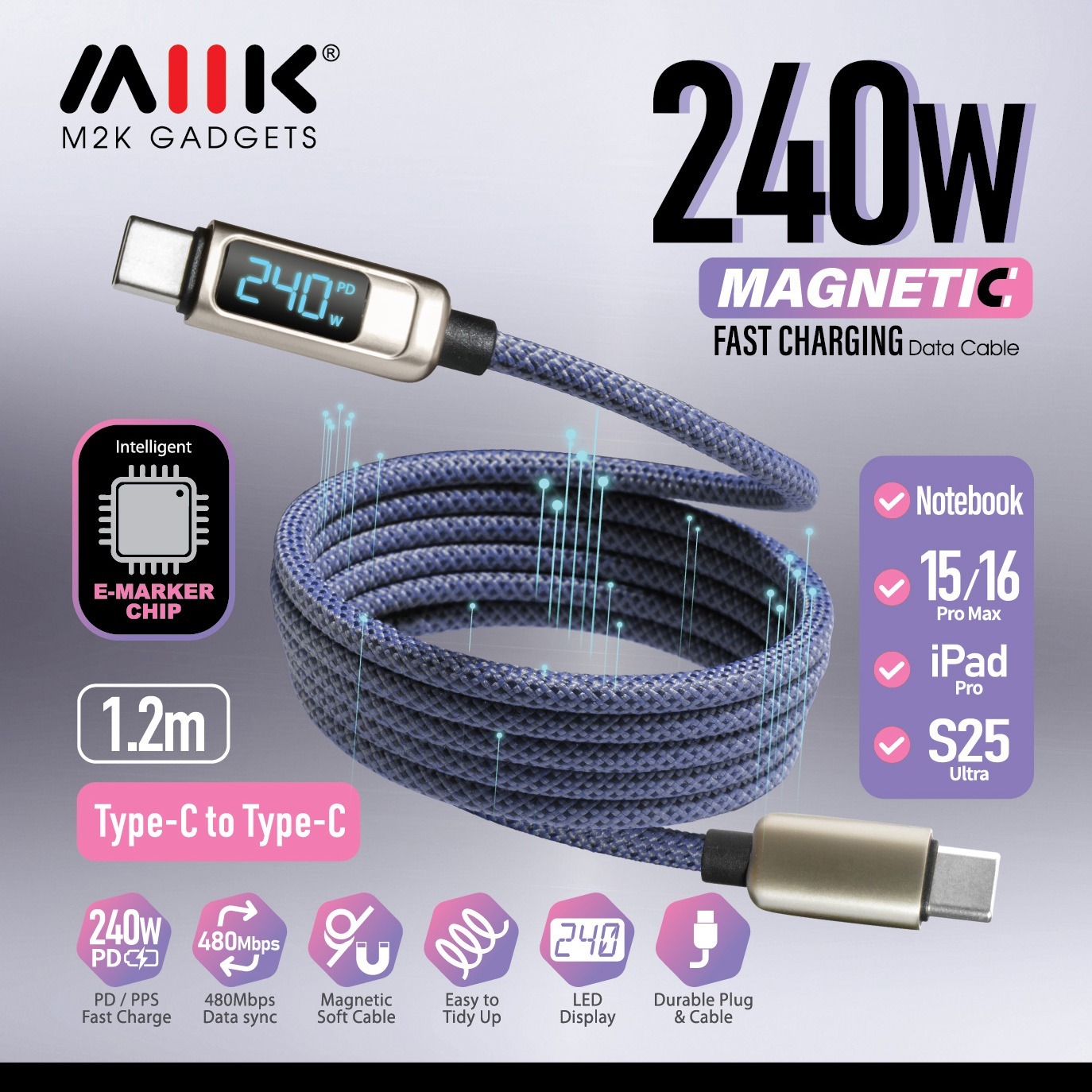 M2K【LED 顯示】240W 磁吸線 (C to C) - 灰藍色