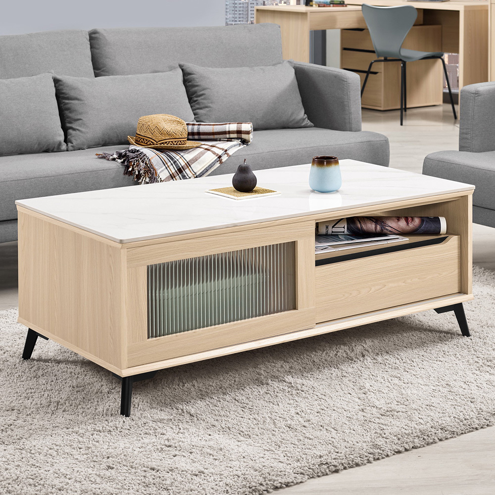 艾瑪4尺長虹玻璃推/拉門二抽岩板大茶几