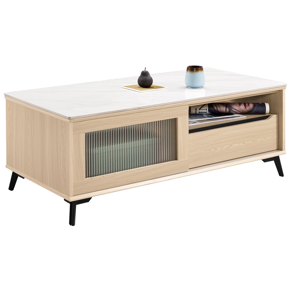 艾瑪4尺長虹玻璃推/拉門二抽岩板大茶几