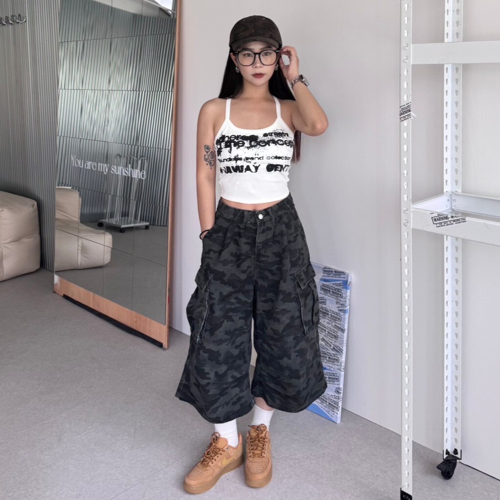 反差文學 迷彩打折七分褲