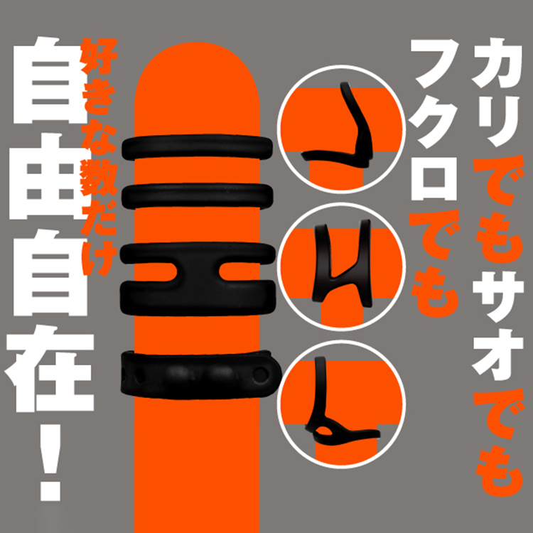 矽膠環裝戴於陽具模型,展示多種搭配方式(龜頭、陰莖、陰囊皆可用),旁附剖面示意圖,日文文字寫著「自由自在」「好きな數だけ」「カリでもサオでもフクロでも」,表達可自由選擇使用部位與數量