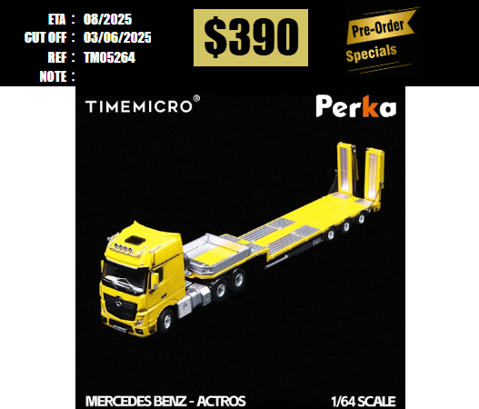 PO-$390 * TIME MICRO * 1:64 BENZ ACTROS FLATBED TRANSPORTER YELLOW [OD26/05]