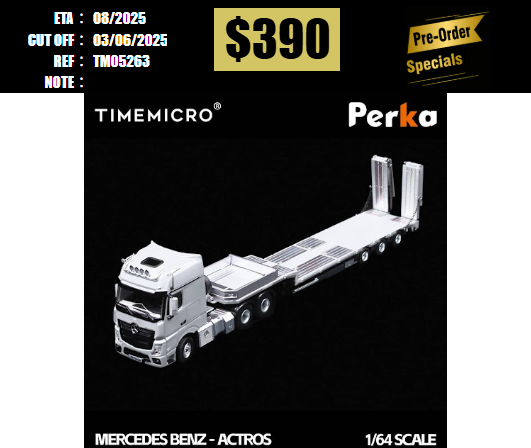 PO-$390 * TIME MICRO * 1:64 BENZ ACTROS FLATBED TRANSPORTER WHITE [OD26/05]