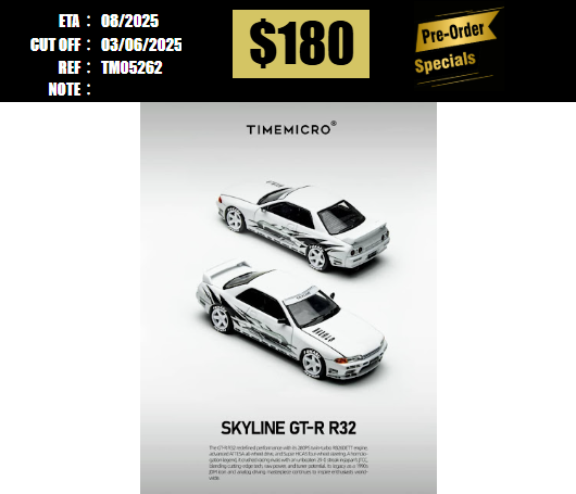 PO-$180 * TIME MICRO * 1:64 NISSAN SKYLINE GT-R R32 WHITE(TM644142) [OD26/05]