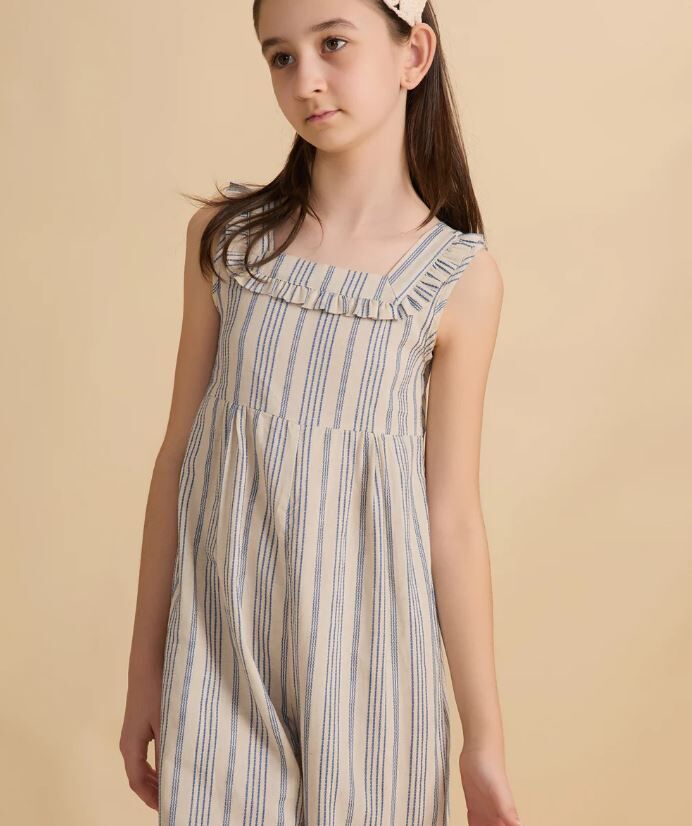 MINIMOM 荷葉方領高腰條紋連身褲 Iro Jumpsuit - Blue