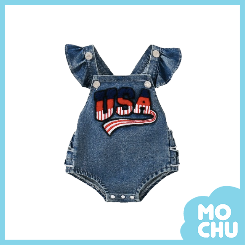 USA飛袖背帶牛仔包屁衣