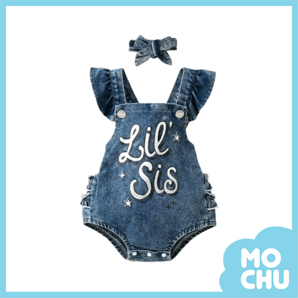手繪Lil Sis背帶牛仔包屁衣