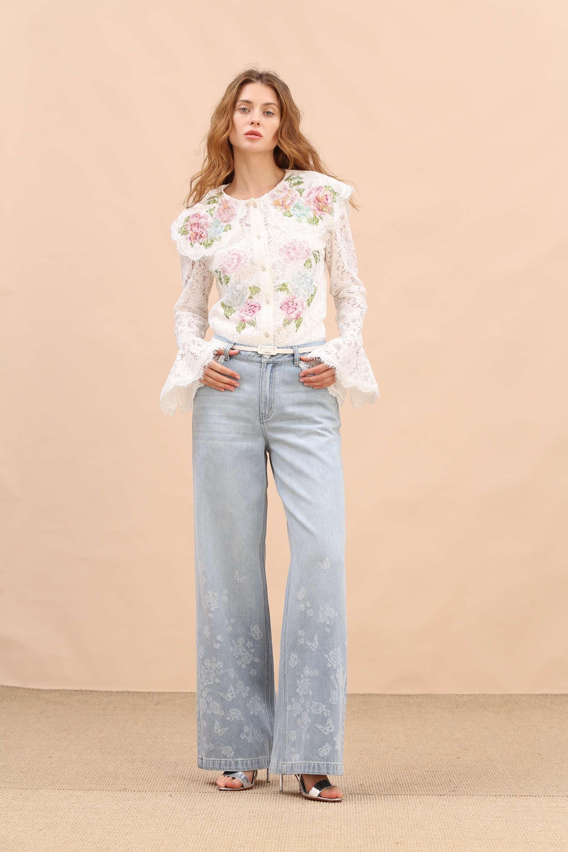 BE10308B1 蝶戀花漸色飄花牛仔寬褲