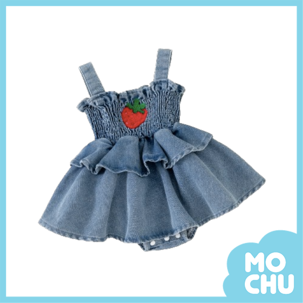 紅草莓吊帶牛仔包屁裙