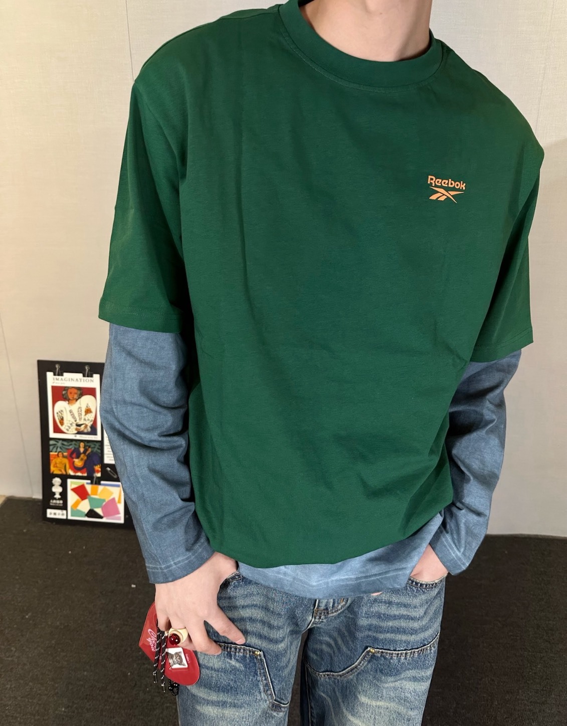 Reebok 純色寬鬆圓領短袖T恤（綠色）