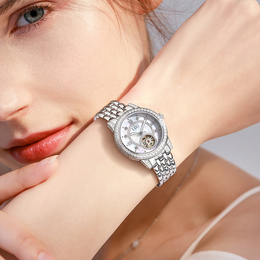 【I DO】IDO803M 珍珠母貝錶面 雙面鏤空 爪鑲晶鑽 夜光 不鏽鋼 女款 手錶