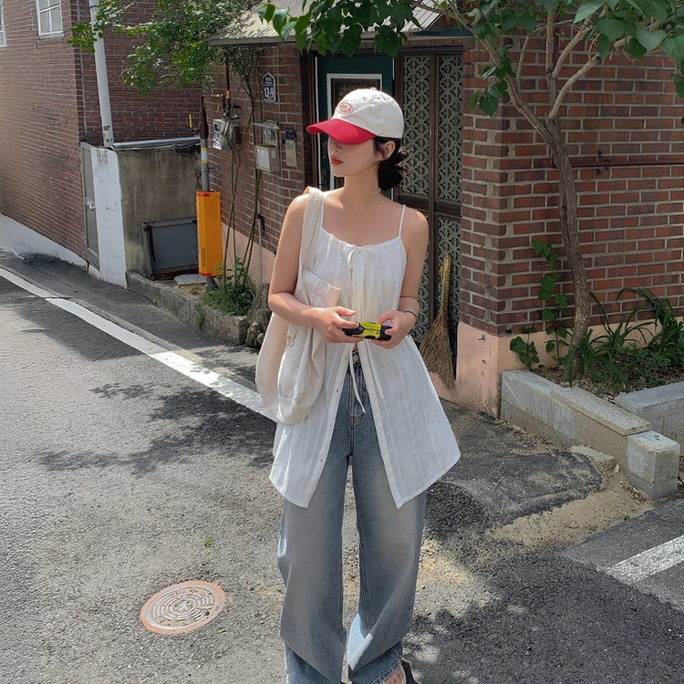 【優惠預訂】韓國透視蝴蝶結鈕釦吊帶連身裙（3色）