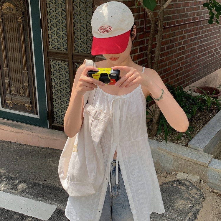 【優惠預訂】韓國透視蝴蝶結鈕釦吊帶連身裙（3色）