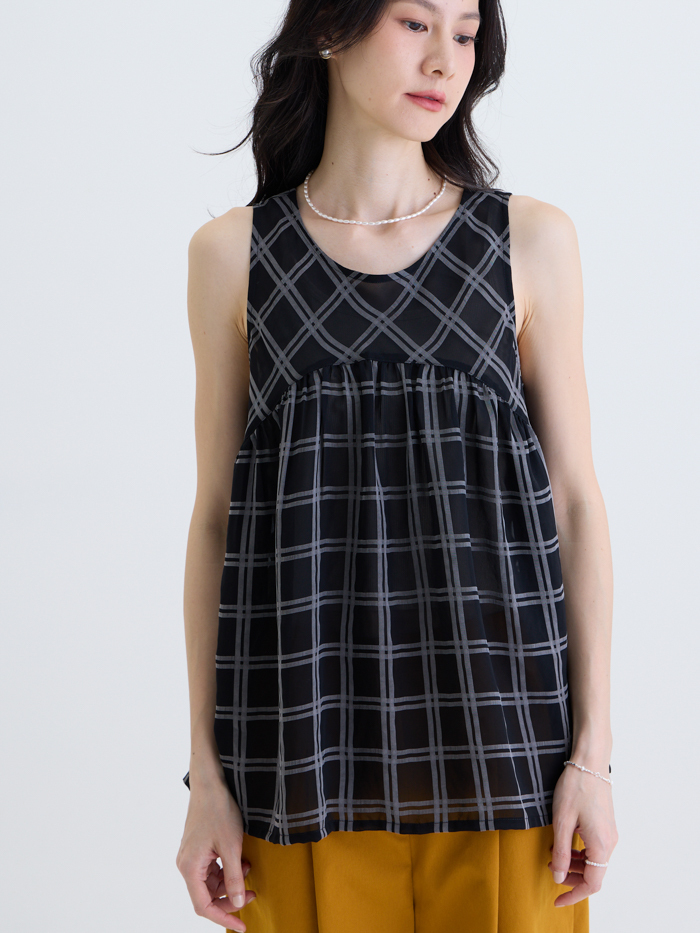 夏色素描拼接背心上衣-炭灰墨格