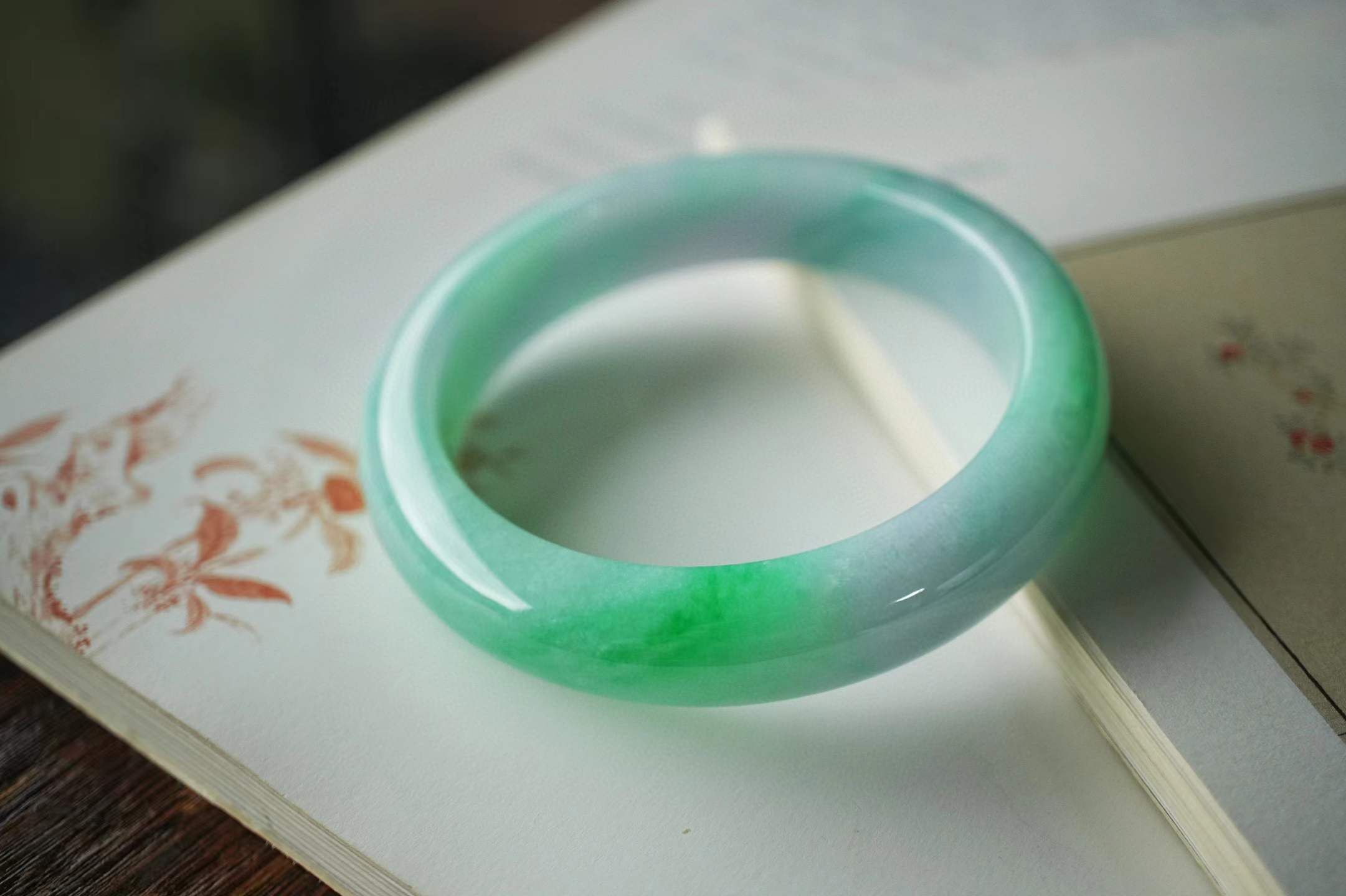 冰種春帶彩翡翠正圈手鐲,天然翡翠A玉, 緬甸玉, Jade, Jadeite