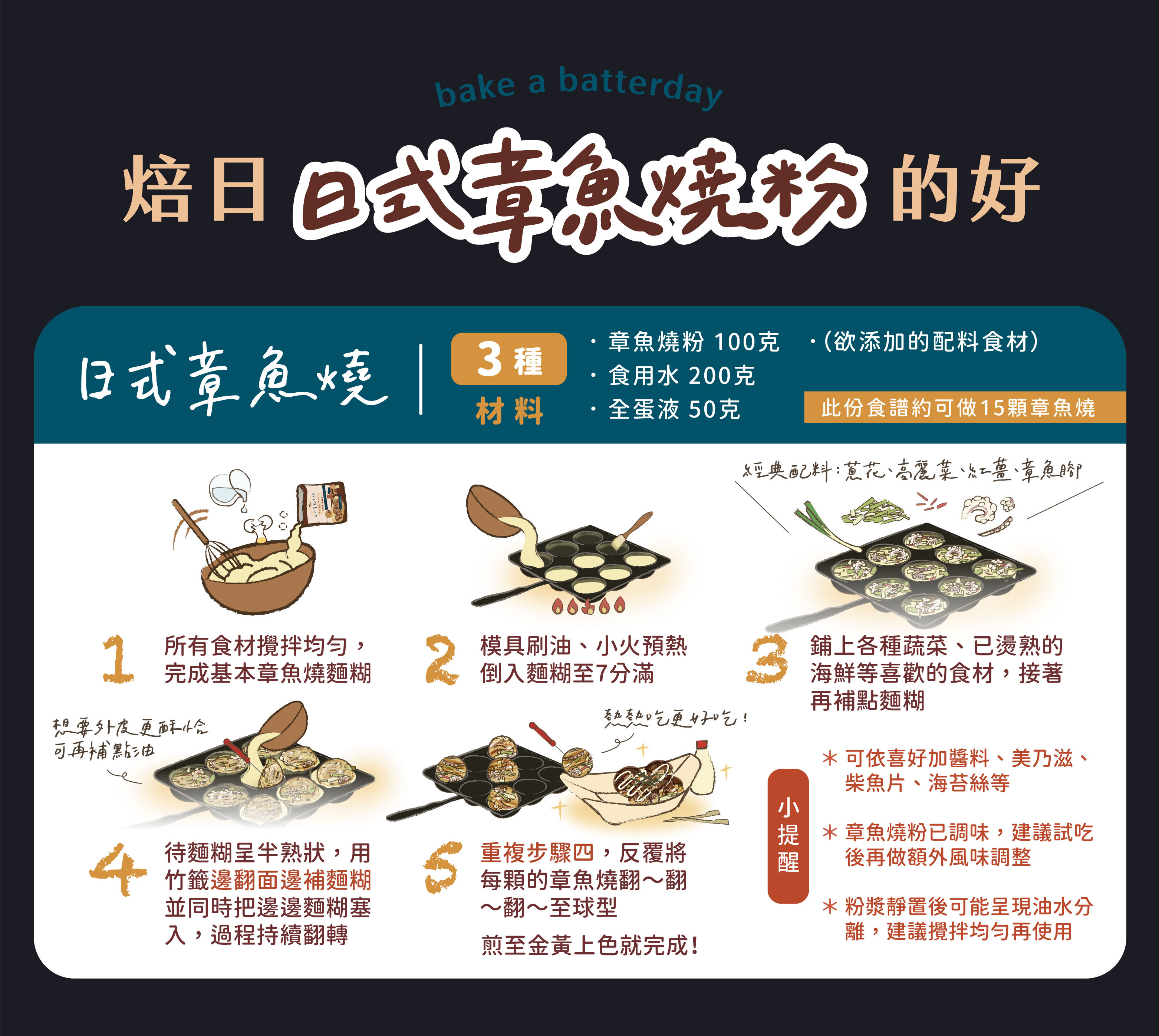 “焙日章魚燒粉食譜步驟-章魚燒食譜-章魚燒製作教學”