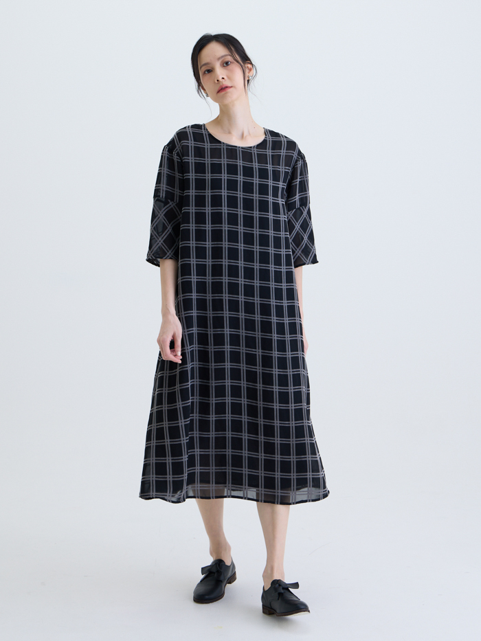 夏色素描拼接七分袖洋裝-炭灰墨格