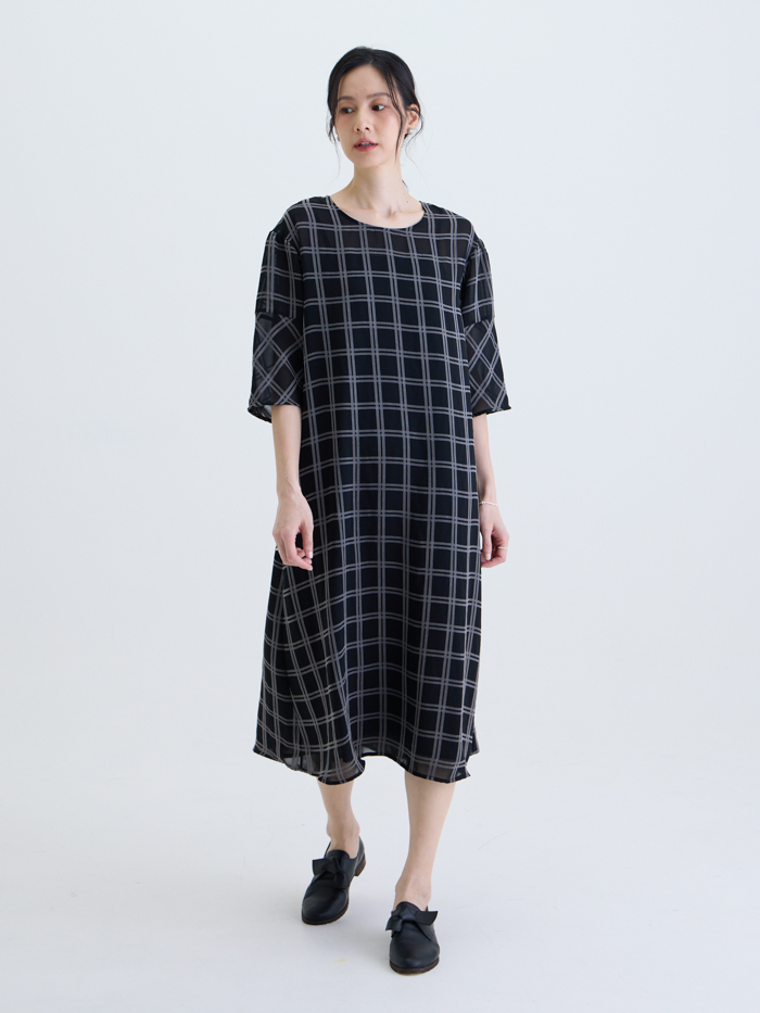 夏色素描拼接七分袖洋裝-炭灰墨格