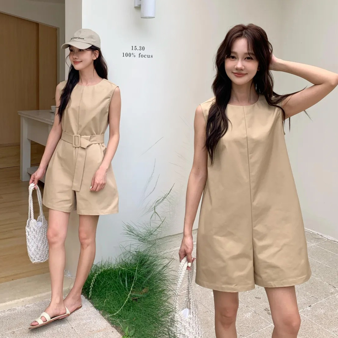 夏日百搭素面附腰帶圓領連身短褲S-M / 2色 (Elegant & Love)