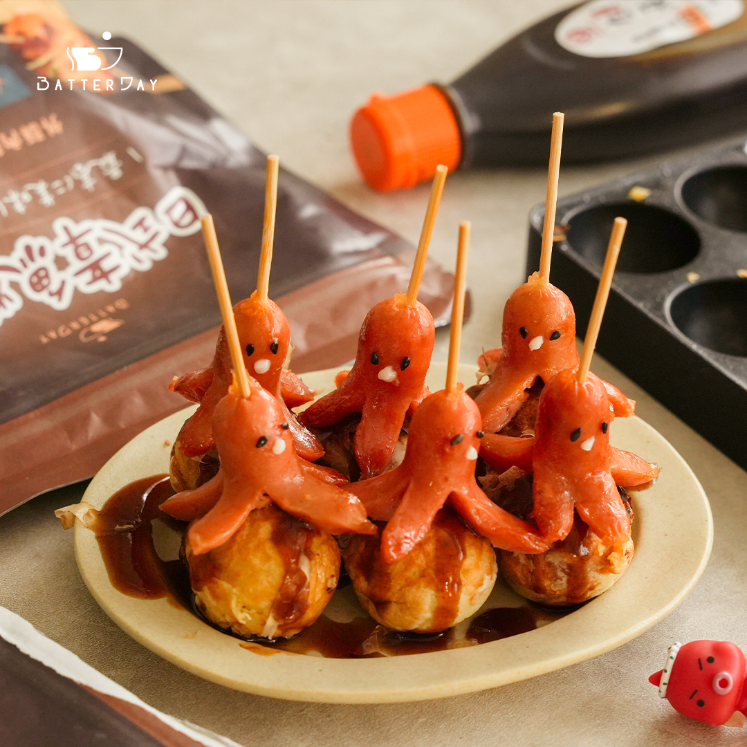 “焙日章魚燒粉做的章魚燒,有小章魚”