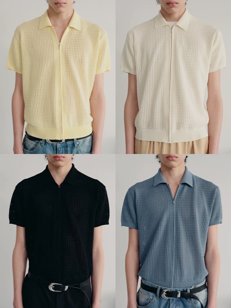 JCA 華夫格 針織拉鍊 開衩冰絲面料 鏤空 #短袖