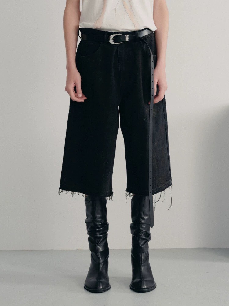 JCA 黑泥染 水洗做舊 毛邊下擺 短褲 #七分褲