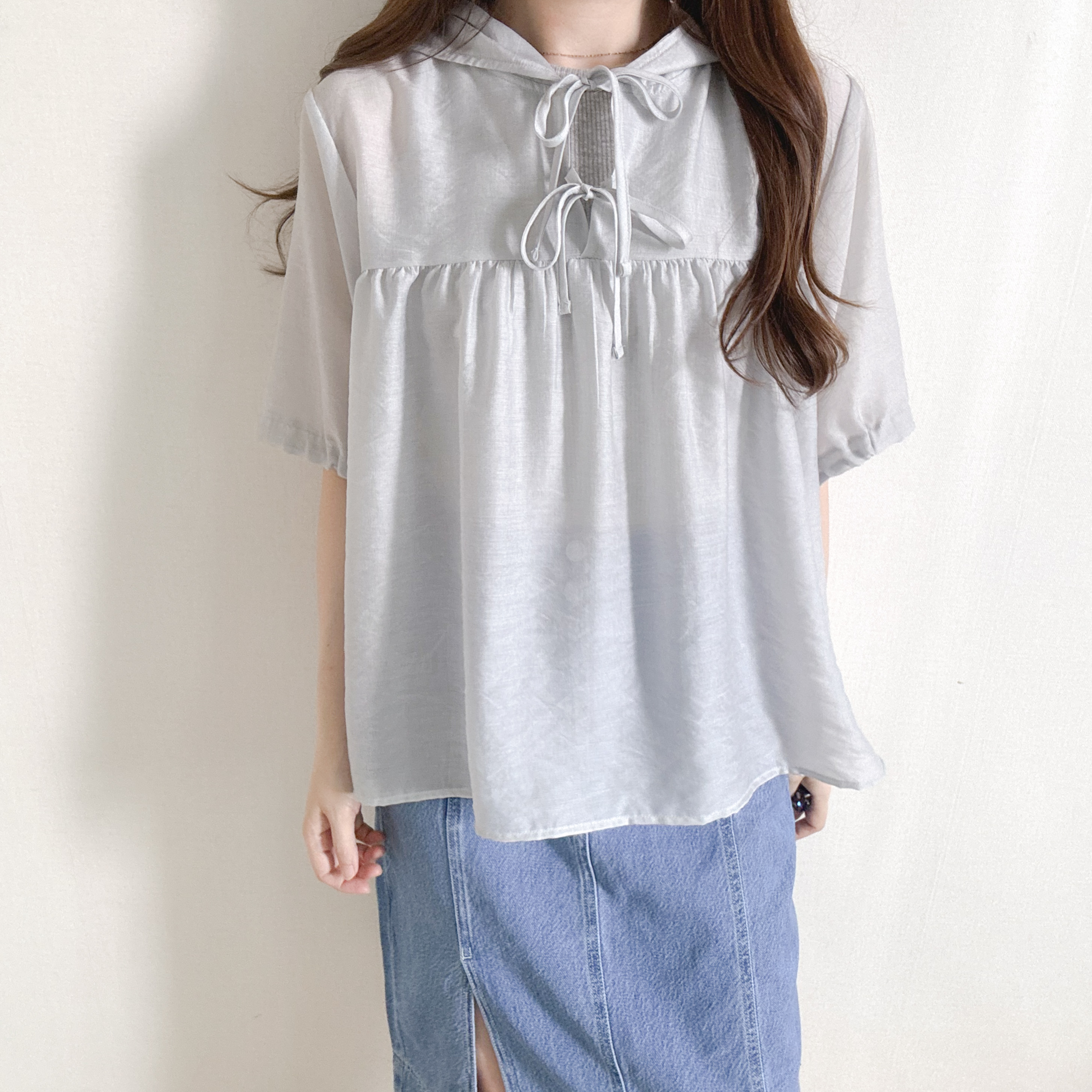 蝴蝶結透視有帽top